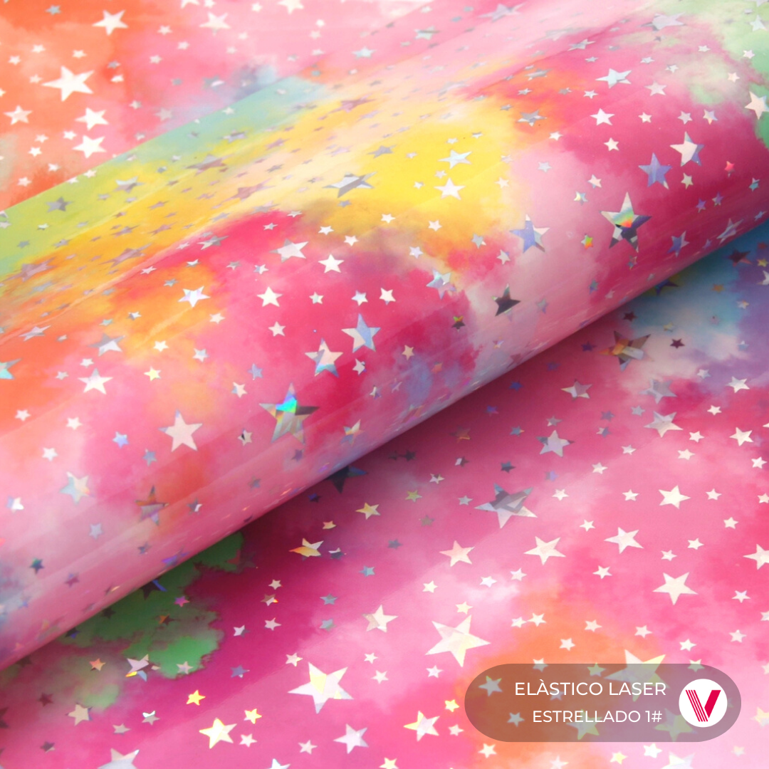 Sintetico Elástico Láser Estrellas Rosa
